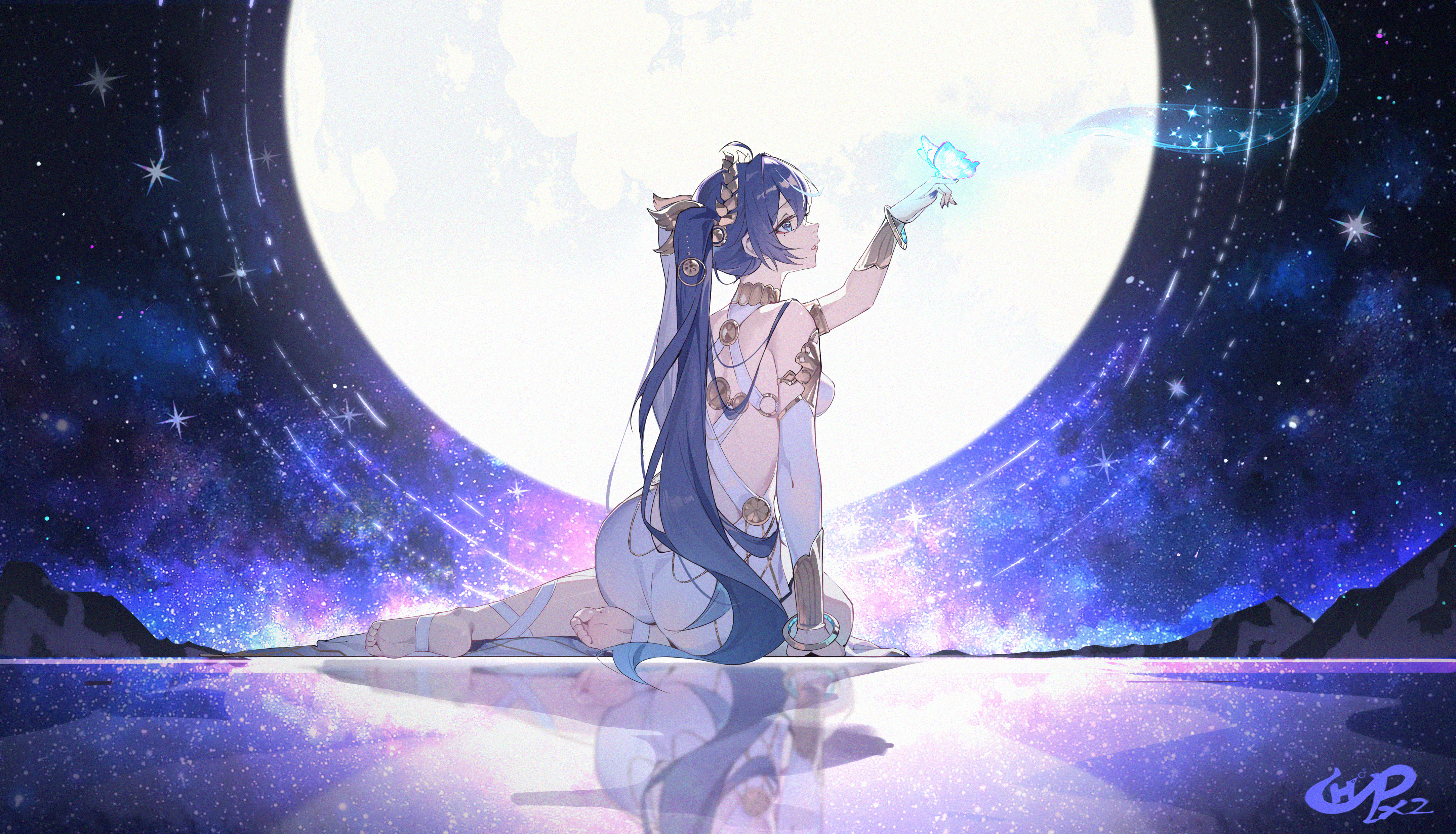 chahu pao, iuno (wuthering waves), wuthering waves, absurdres, commentary request, duplicate, highres, pixel-perfect duplicate, 1girl, ancient greek clothes, arm up, ass, bare shoulders, barefoot, blue butterfly, blue eyes, blue hair, breasts, bug, butterfly, butterfly on hand, feet, from behind, full moon, greco-roman clothes, insect, laurel crown, leg wrap, long hair, looking at animal, medium breasts, moon, mountainous horizon, parted lips, purple sky, reflective floor, signature, sitting, sky, soles, solo, star (sky), starry sky, toes, very long hair, yokozuwari