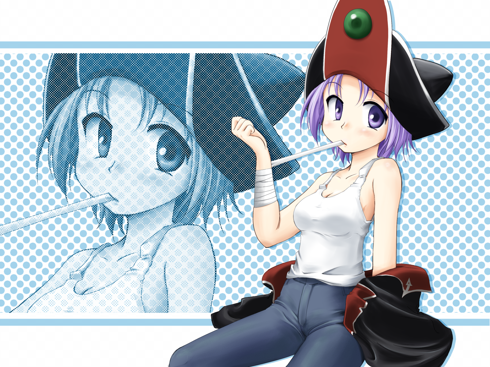 regdic, original, highres, 1girl, bandages, breasts, cleavage, female focus, hat, jacket, medium breasts, pirate, purple eyes, purple hair, solo, tank top