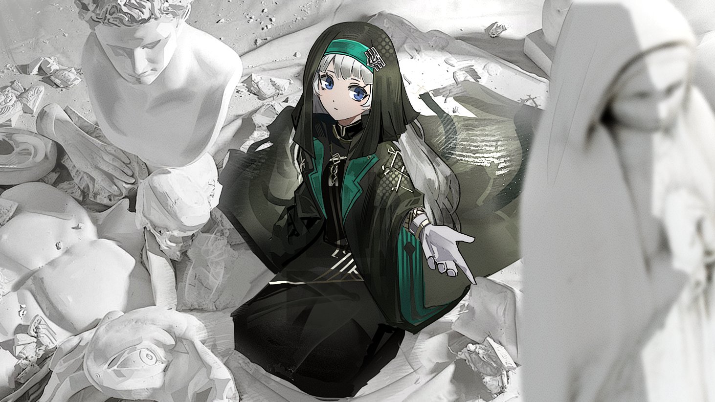 mayors (project moon), arknights, limbus company, project moon, blue eyes, broken statue, gloves, hood, hoyeonbns, long hair, robe, rubble, sitting, statue, white gloves, white hair