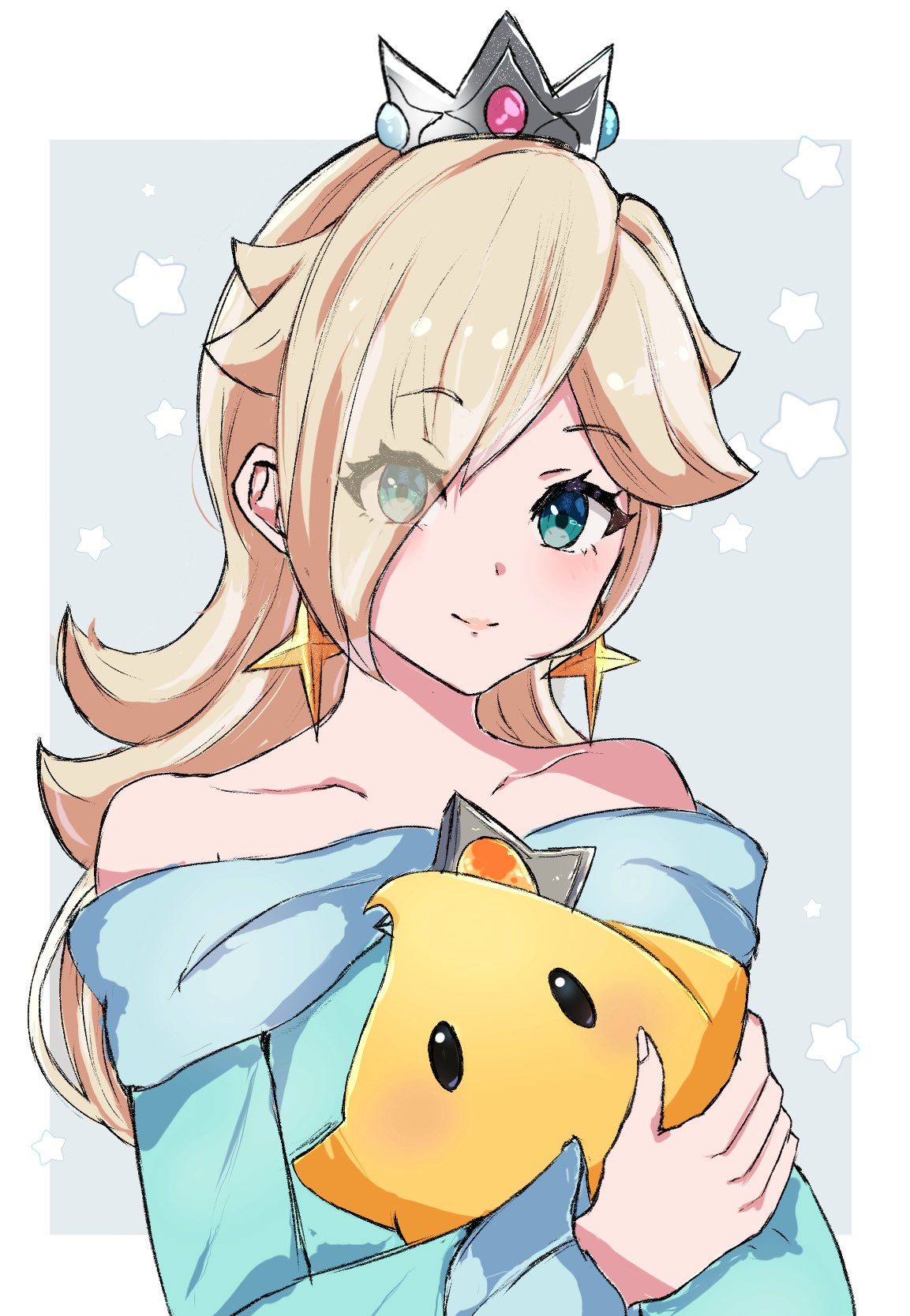 ayaka 00709, luma (mario), rosalina, mario (series), nintendo, super mario galaxy, highres, 1girl, bare shoulders, blonde hair, blue dress, blue eyes, brooch, closed mouth, collarbone, crown, dress, earrings, eyes visible through hair, hair over one eye, jewelry, long hair, long sleeves, looking at viewer, off-shoulder dress, off shoulder, smile, star (symbol), star brooch, star earrings, upper body