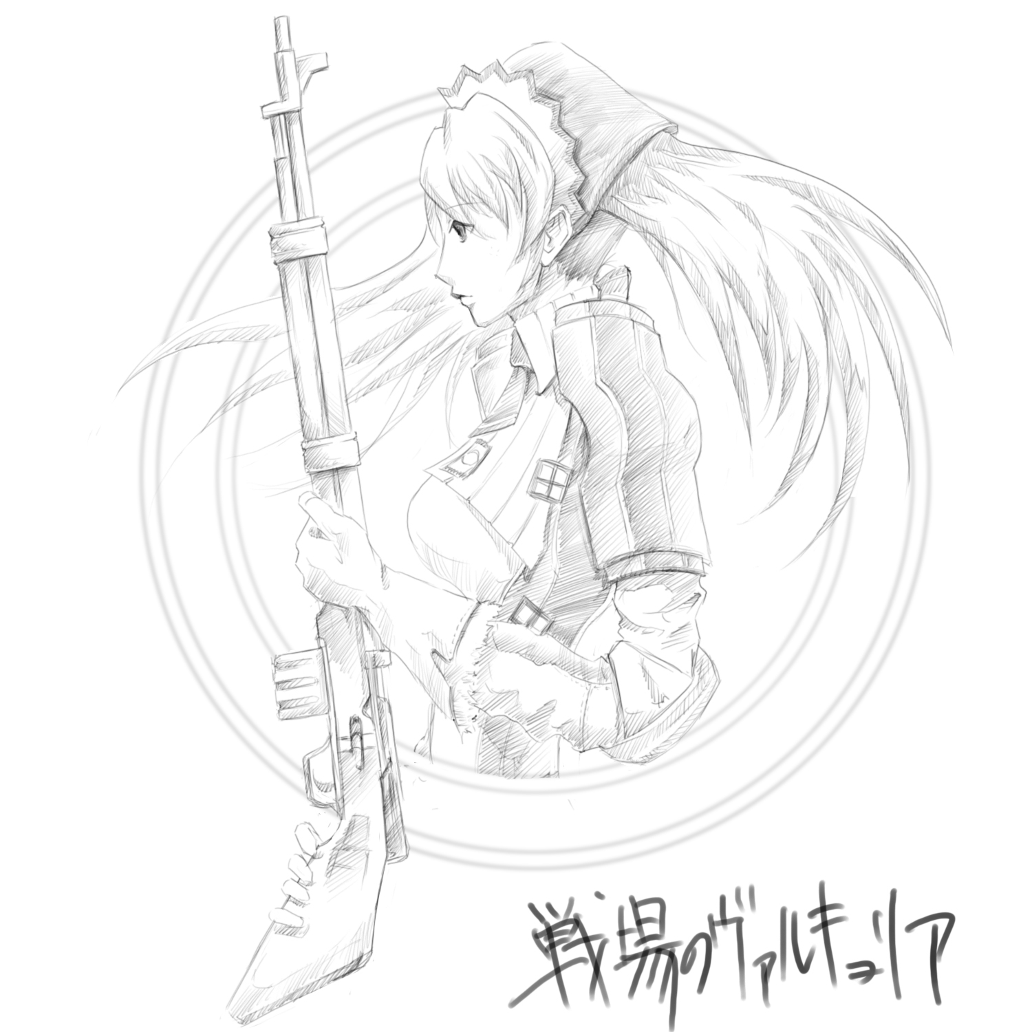 alicia melchiott, senjou no valkyria, senjou no valkyria (series), senjou no valkyria 1, bad id, bad pixiv id, highres, traditional media, 00s, greyscale, gun, monochrome, profile, rifle, solo, twintails, weapon