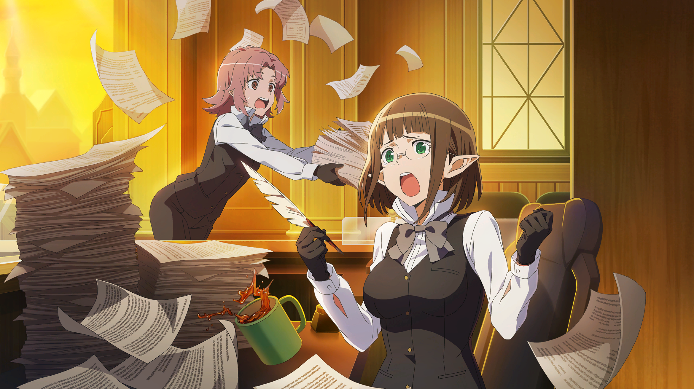 eina tulle, misha flott, danmachi battle chronicle, dungeon ni deai wo motomeru no wa machigatteiru darou ka, game cg, highres, non-web source, official art, 2girls, anime coloring, black gloves, black pants, black vest, blunt bangs, bow, bowtie, breasts, brown hair, chair, coffee, coffee mug, cup, curtained hair, desk, elf, flying paper, gloves, green eyes, grey bow, grey bowtie, holding, holding paper, holding quill, leaning forward, long sleeves, medium breasts, mug, multiple girls, on chair, open mouth, pants, paper, paper stack, papers, parted bangs, pink eyes, pink hair, pointy ears, quill, shirt, short hair, sidelocks, spilling, sweatdrop, teardrop, vest, white shirt, window