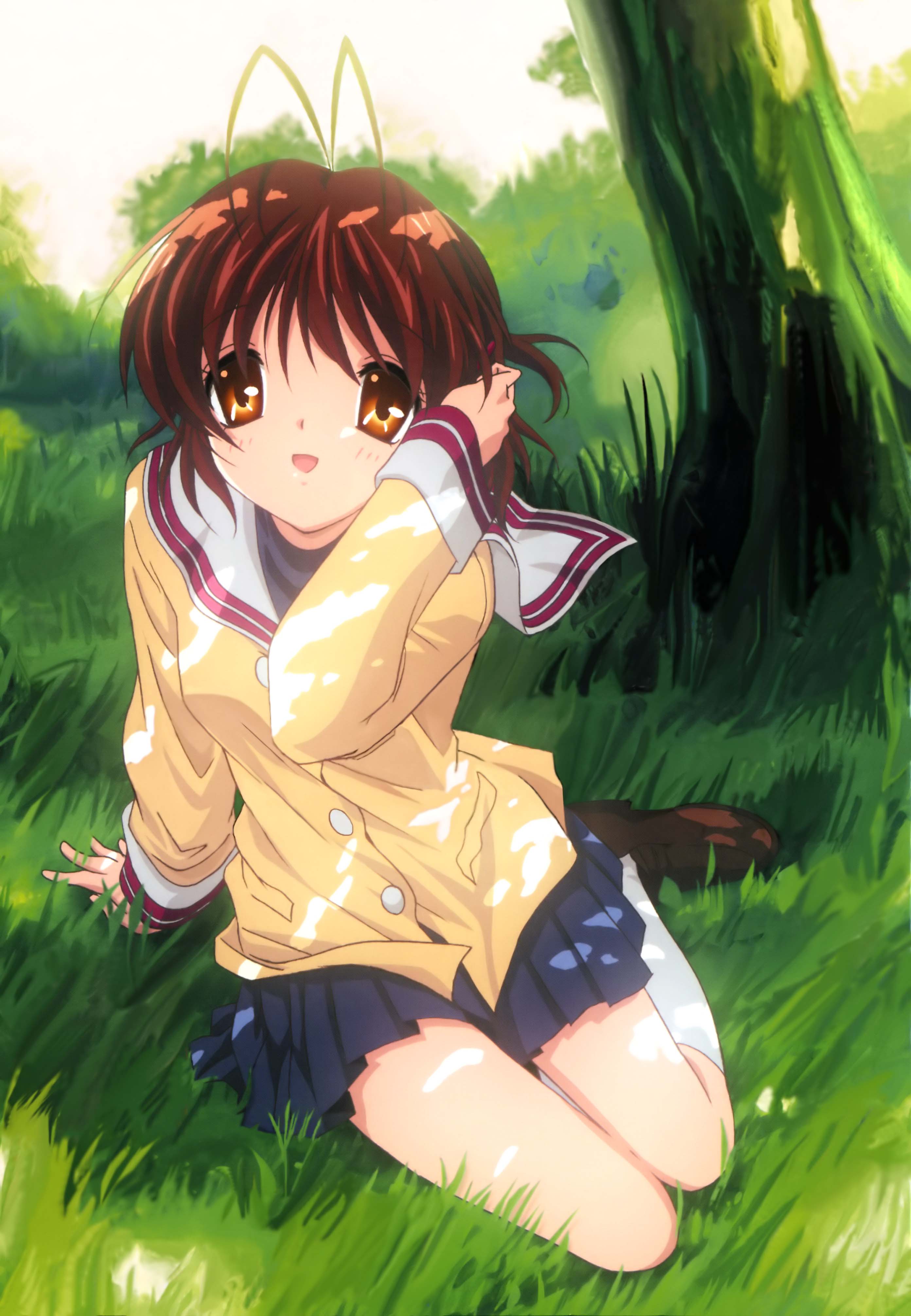 furukawa nagisa, clannad, absurdres, highres, official art, 00s, antenna hair, brown eyes, brown hair, day, grass, happy, nature, school uniform, sitting, sky, smile, solo, wind