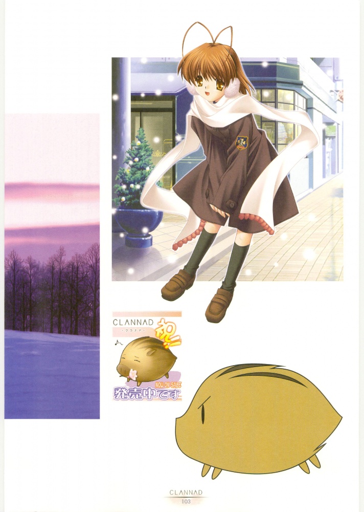 botan (clannad), furukawa nagisa, clannad, 00s, antenna hair, brown eyes, brown hair, short hair, snow, solo