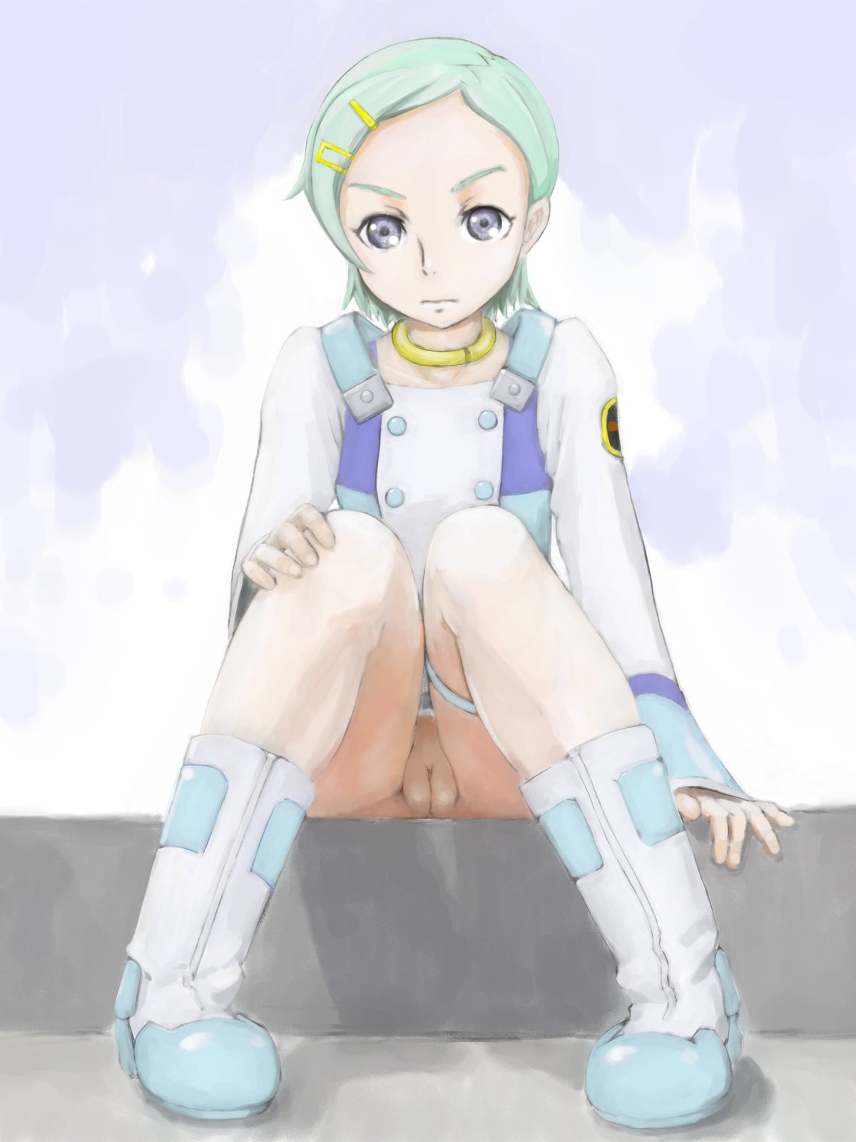 gasketsu, eureka (eureka seven), eureka seven, eureka seven (series), highres, 00s, 1girl, aqua hair, blue hair, boots, choker, female focus, no panties, pussy, short hair, solo, thigh strap, uncensored, upskirt, white boots