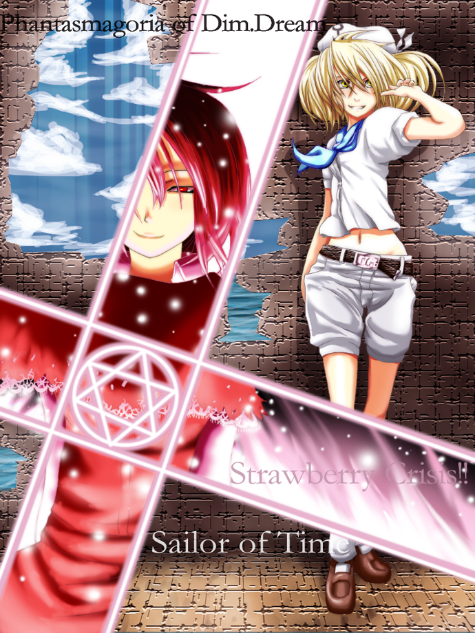 ikkei dou, kitashirakawa chiyuri, okazaki yumemi, phantasmagoria of dim.dream, touhou, touhou (pc-98), bad id, bad pixiv id, 2girls, belt, blonde hair, copyright name, cross, female focus, hat, hexagram, midriff, multiple girls, navel, red eyes, red hair, short sleeves, shorts, star (symbol), yellow eyes