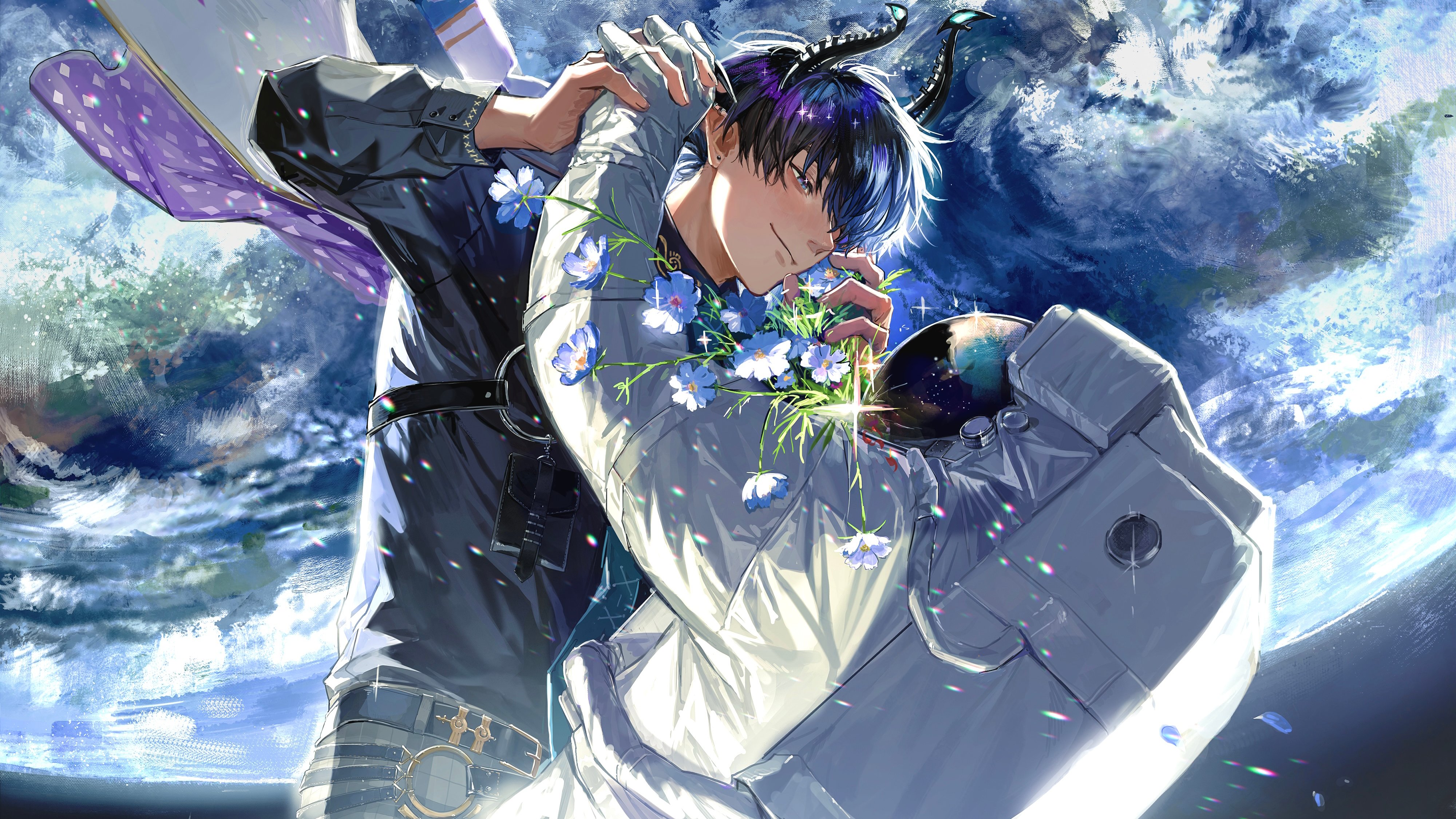 ne2 (renznyanya), ren zotto, nijisanji, nijisanji en, absurdres, commentary, highres, 1boy, 1other, arms up, astronaut, asymmetrical horns, belt, belt buckle, black belt, black hair, black horns, black shirt, blue flower, buckle, chest harness, closed mouth, earth (planet), flower, grey pants, harness, helmet, horns, interlocked fingers, long sleeves, looking at another, male focus, o-ring, pants, planet, plant, shirt, shirt tucked in, sleeve cuffs, smile, space, space helmet, spacesuit, uneven horns, virtual youtuber