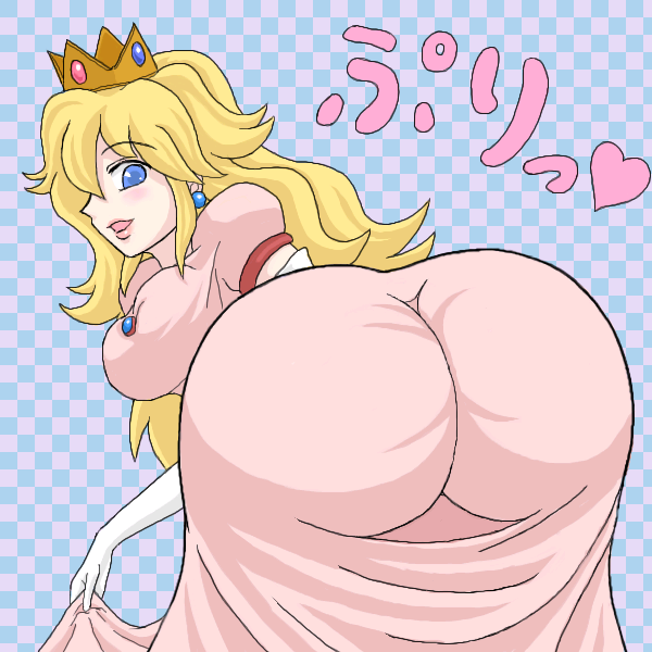 shown, princess peach, mario (series), nintendo, super smash bros., translation request, 1girl, ass, ass focus, bent over, blonde hair, blue eyes, blush, breasts, crown, dress, elbow gloves, female focus, gloves, huge ass, long hair, looking at viewer, looking back, medium breasts, open mouth, pink dress, plump, smile, solo