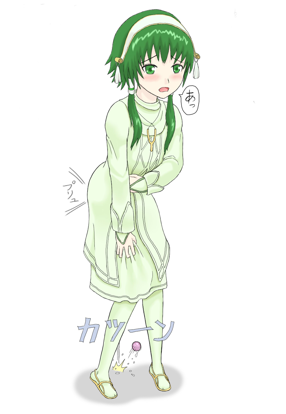 shown, ion (tales), tales of (series), tales of the abyss, highres, 00s, 1boy, anal, anal beads, ball, green eyes, green hair, hair tubes, male focus, male penetrated, matching hair/eyes, object insertion, pantyhose, sex toy, short hair with long locks, solo, speech bubble, white background