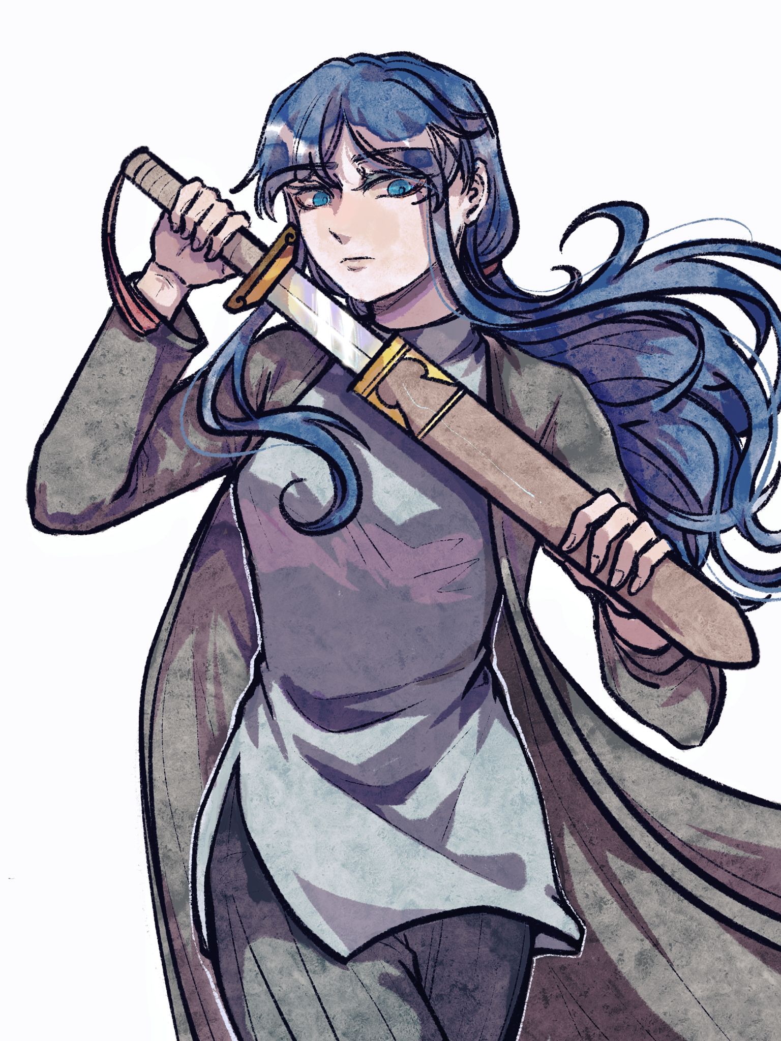tkotu, highres, 1girl, blue eyes, blue hair, breasts, coat, collared dress, dress, floating hair, grey coat, grey dress, grey pants, holding, holding sheath, holding sword, holding weapon, kmt (tkotu), long hair, long sleeves, medium breasts, open clothes, open coat, pants, parted bangs, partyhumans, scabbard, sheath, simple background, solo, sword, very long hair, weapon, white background