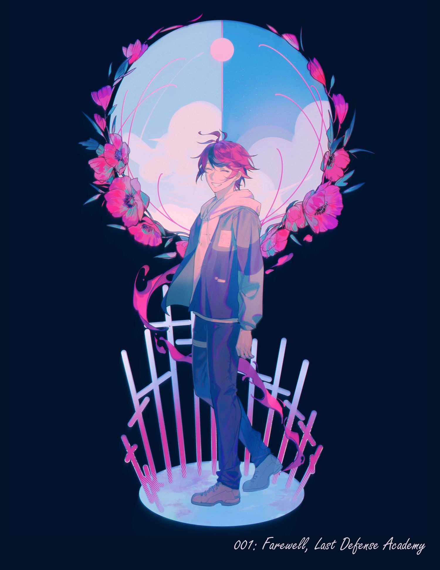 astruma2, sumino takumi, the hundred line -last defense academy-, highres, 1boy, closed eyes, cloud, cloud background, cloudy sky, dark background, floral background, grin, hood, hoodie, jacket, jacket over hoodie, looking back, multicolored hair, multicolored jacket, planted, planted sword, planted weapon, red hair, rose background, sky, smile, streaked hair, sword, two-tone jacket, weapon, white hoodie