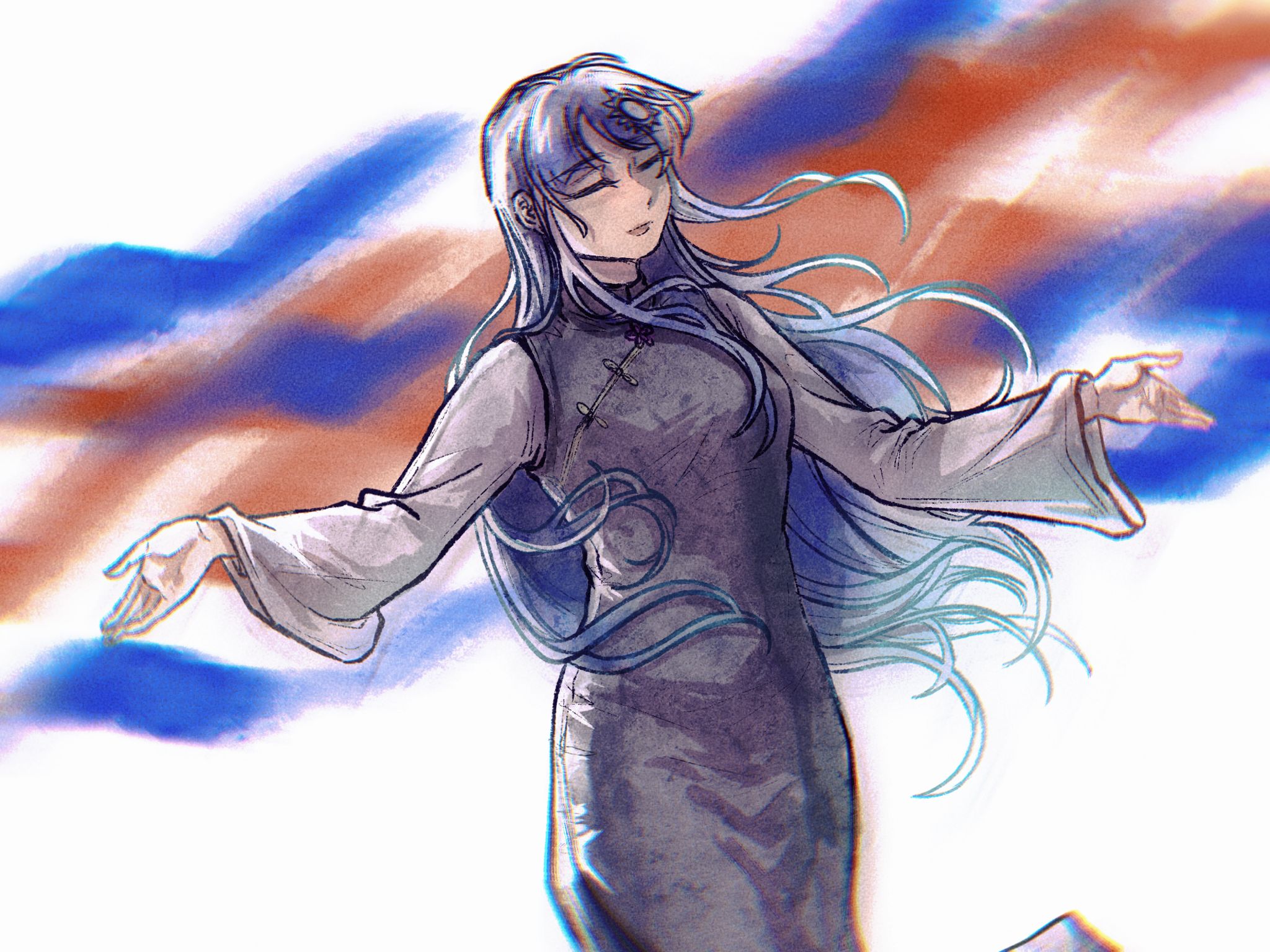 tkotu, highres, 1girl, blue dress, blue hair, breasts, china dress, chinese clothes, closed eyes, collared dress, dress, dress over shirt, hands up, kmt (tkotu), long hair, long sleeves, medium breasts, partyhumans, shirt, sleeveless, sleeveless dress, solo, sun hair ornament, very long hair, white shirt, wide sleeves