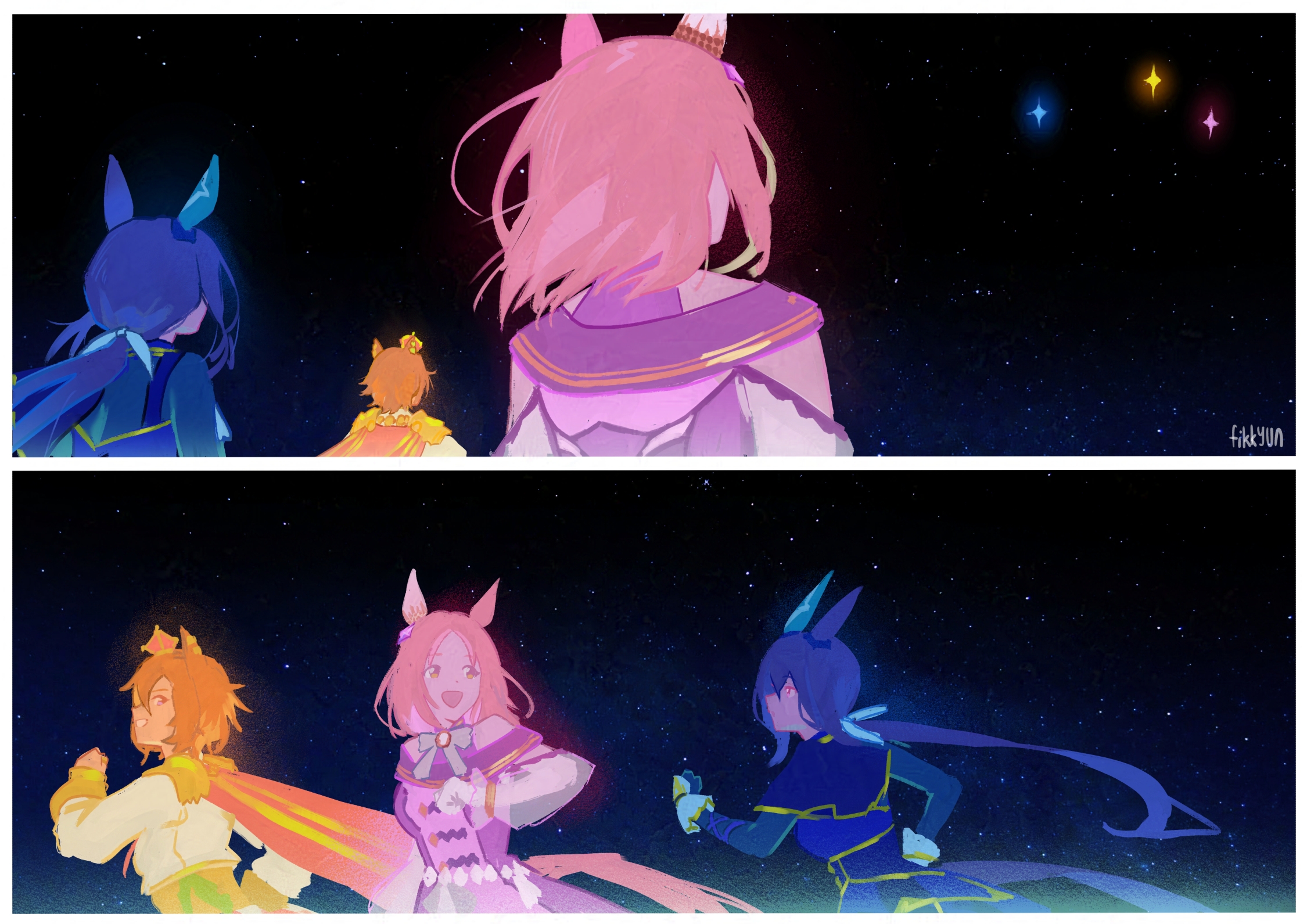 fikkyun, admire vega (starry nocturne) (umamusume), admire vega (umamusume), narita top road (the proud road) (umamusume), narita top road (umamusume), t.m. opera o (o sole suo!) (umamusume), t.m. opera o (umamusume), umamusume, umamusume: road to the top, highres, 3girls, :d, animal ears, artist name, bare shoulders, blue hair, border, grin, horse ears, horse girl, horse tail, long hair, looking at another, low ponytail, medium hair, multiple girls, open mouth, orange hair, pink hair, ponytail, short hair, sky, smile, split screen, star (sky), starry sky, tail, white border