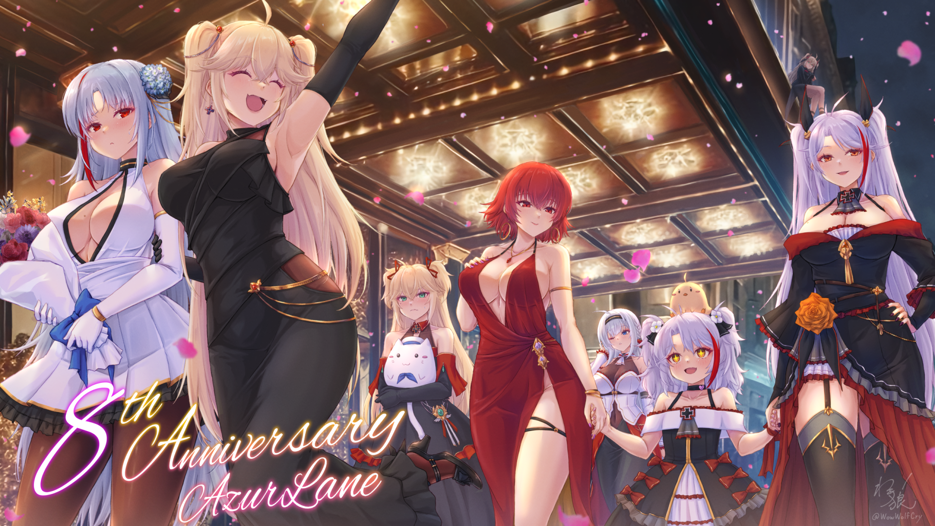 waa! okami, admiral hipper (azur lane), bluecher (azur lane), little prinz eugen (azur lane), mainz (azur lane), manjuu (azur lane), meowfficer (azur lane), prinz eugen (azur lane), tallinn (azur lane), weser (azur lane), azur lane, commentary request, highres, + +, 6+girls, ahoge, alternate costume, animal, anniversary, arm up, bare shoulders, black choker, black dress, black gloves, black shoes, black thighhighs, black trim, blonde hair, blue bow, bouquet, bow, breasts, brown pantyhose, cat, center opening, choker, cleavage, closed eyes, clothing cutout, cocktail dress, covered navel, dress, dress bow, dress flower, earrings, elbow gloves, evening gown, falling petals, flower, frilled dress, frills, gem, gloves, gold trim, green eyes, green gemstone, hair flower, hair ornament, hair ribbon, hand in own hair, hand on own chest, hip vent, holding, holding animal, holding bouquet, holding cat, holding hands, hoop earrings, jewelry, large breasts, long dress, long hair, low neckline, medium breasts, multiple girls, navel cutout, night, one eye closed, open mouth, orange eyes, orange flower, orange rose, outdoors, pantyhose, petals, purple flower, red bow, red dress, red eyes, red flower, red hair, red ribbon, red rose, red streaks, ribbon, rose, shoes, short dress, short hair, siblings, side slit, sisters, sleeveless, sleeveless dress, thigh strap, thighhighs, twintails, two-tone dress, very long hair, white cat, white dress, white gloves, white hair, yellow eyes