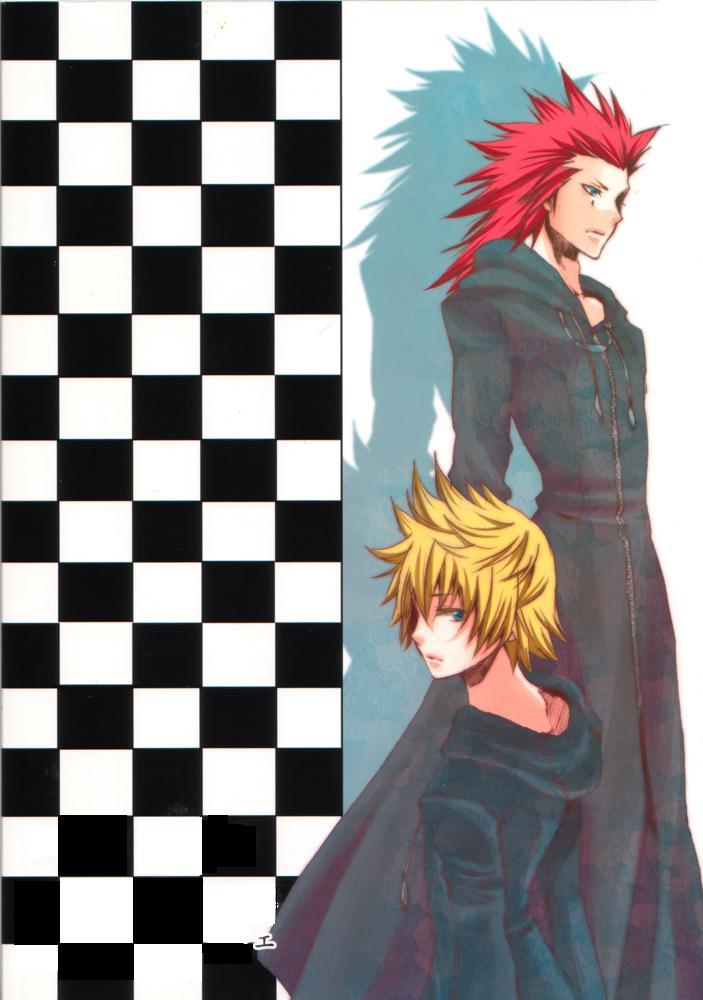 axel, organization xiii, roxas, kingdom hearts, kingdom hearts ii, 2boys, black coat (kingdom hearts), male focus, multiple boys