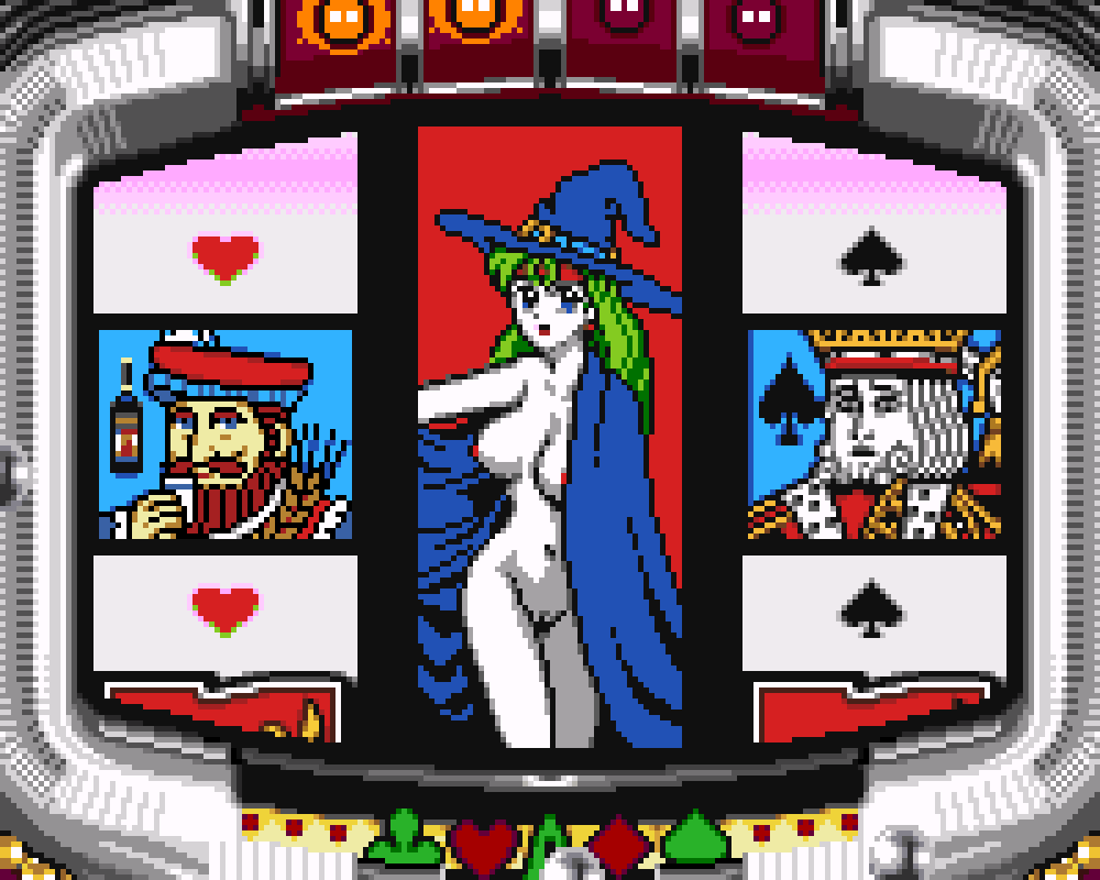 saiwai hiroshi, mumu-chan, honke sankyou fever jikki simulation, honke sankyou fever jikki simulation 3, 1girl, 2boys, beard, blue cloak, blue eyes, blue hat, bottle, breasts, brown hair, cloak, club (shape), collarbone, colored skin, crown, cup, diamond (shape), earrings, facial hair, green hair, hat, headband, heart, heart (card), holding, holding cup, jack (playing card), jack of hearts, jewelry, king, king (playing card), king of spades, large breasts, long hair, looking at viewer, multiple boys, mustache, naked cloak, navel, nipples, nude, open mouth, pachinko, pixel art, pussy, red hat, smile, spade (shape), standing, white hair, white skin, witch, witch hat