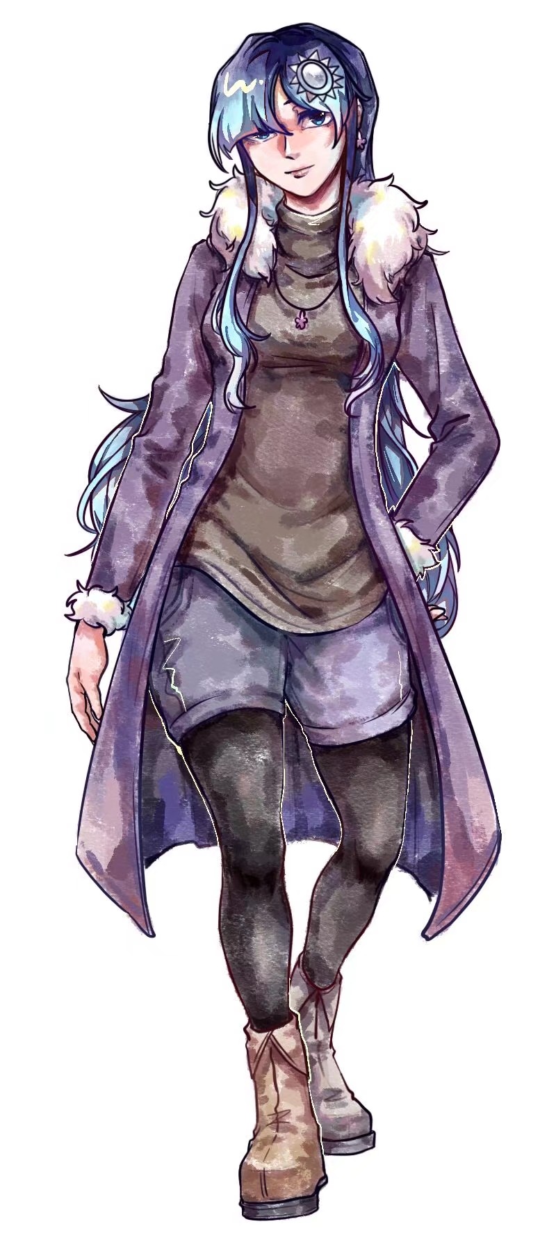tkotu, highres, 1girl, black pantyhose, blue eyes, blue hair, blue shorts, boots, breasts, brown boots, closed mouth, coat, earrings, flower earrings, frilled thigh strap, fur-trimmed coat, fur trim, jewelry, kmt (tkotu), long hair, long sleeves, medium breasts, necklace, open clothes, open coat, pantyhose, pantyhose under shorts, partyhumans, purple coat, red sweater, shorts, smile, solo, sun hair ornament, sweater, thigh strap, very long hair