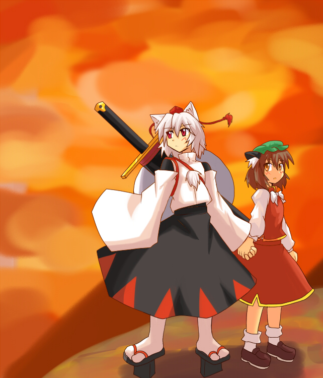 haruka (pixiv23275), harukatron, chen, inubashiri momiji, touhou, silver hair, 2girls, animal ears, brown hair, cat ears, cat girl, female focus, geta, multiple girls, sword, tengu-geta, weapon, wolf ears