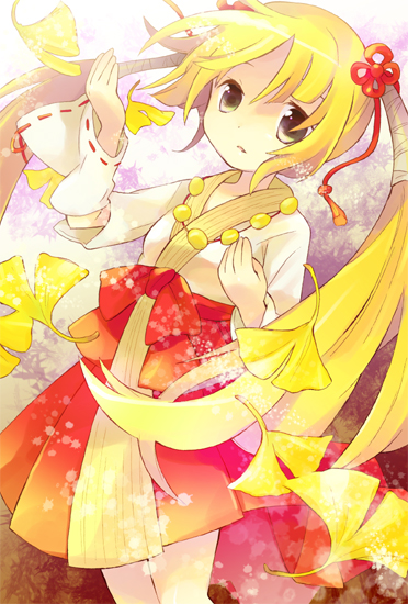 tachitsu teto, original, millipen (medium), mixed media, pen (medium), traditional media, 1girl, blonde hair, brown eyes, female focus, ginkgo tree, hair ribbon, japanese clothes, jewelry, leaf, necklace, ribbon, solo, tassel, twintails