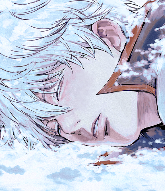 sakata gintoki, gintama, commentary, symbol-only commentary, 1boy, blood, blood on snow, close-up, looking at viewer, male focus, mamori no0914, narrowed eyes, parted lips, popped collar, red eyes, short hair, snow, solo, teeth, white hair