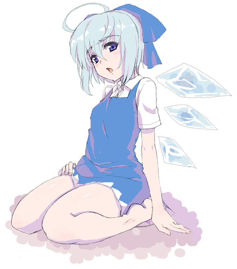 kirisato itsuki, cirno, touhou, hand on thigh, bad id, bad pixiv id, 1girl, ahoge, arm support, barefoot, blue eyes, blue hair, bow, female focus, hair bow, hand on own hip, kneeling, large bow, matching hair/eyes, oekaki, ribbon, sitting, solo, thighs, wariza, wings