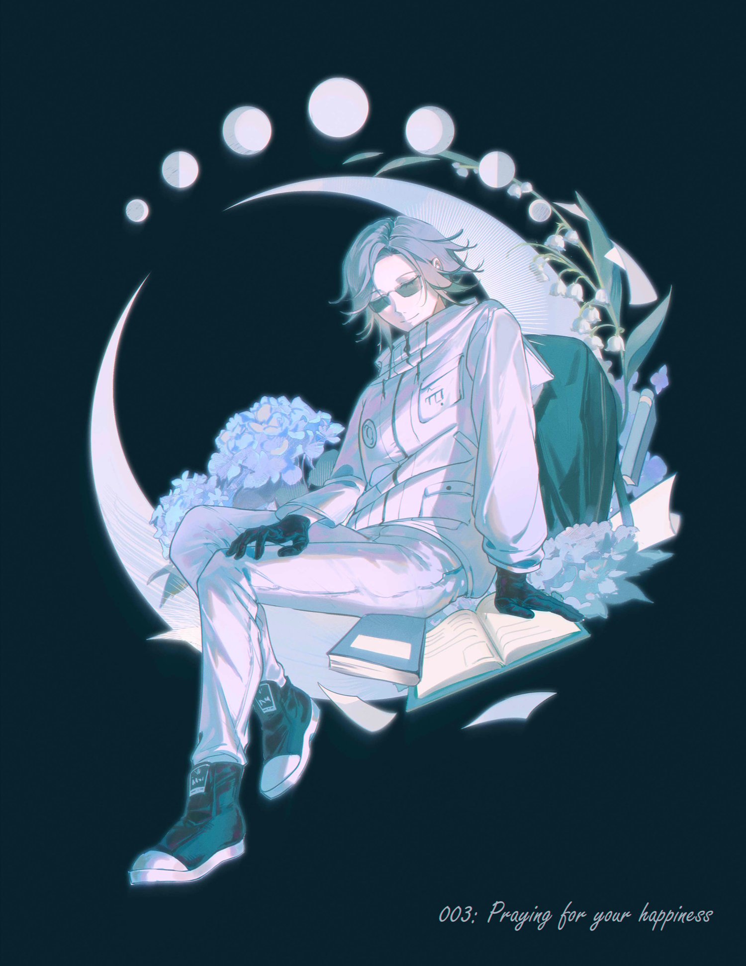 astruma2, aotsuki eito, the hundred line -last defense academy-, highres, 1boy, closed eyes, crescent moon, dark background, flower, glasses, grey hair, jacket, moon, moon background, moon phases, opaque glasses, smile, solo, white jacket