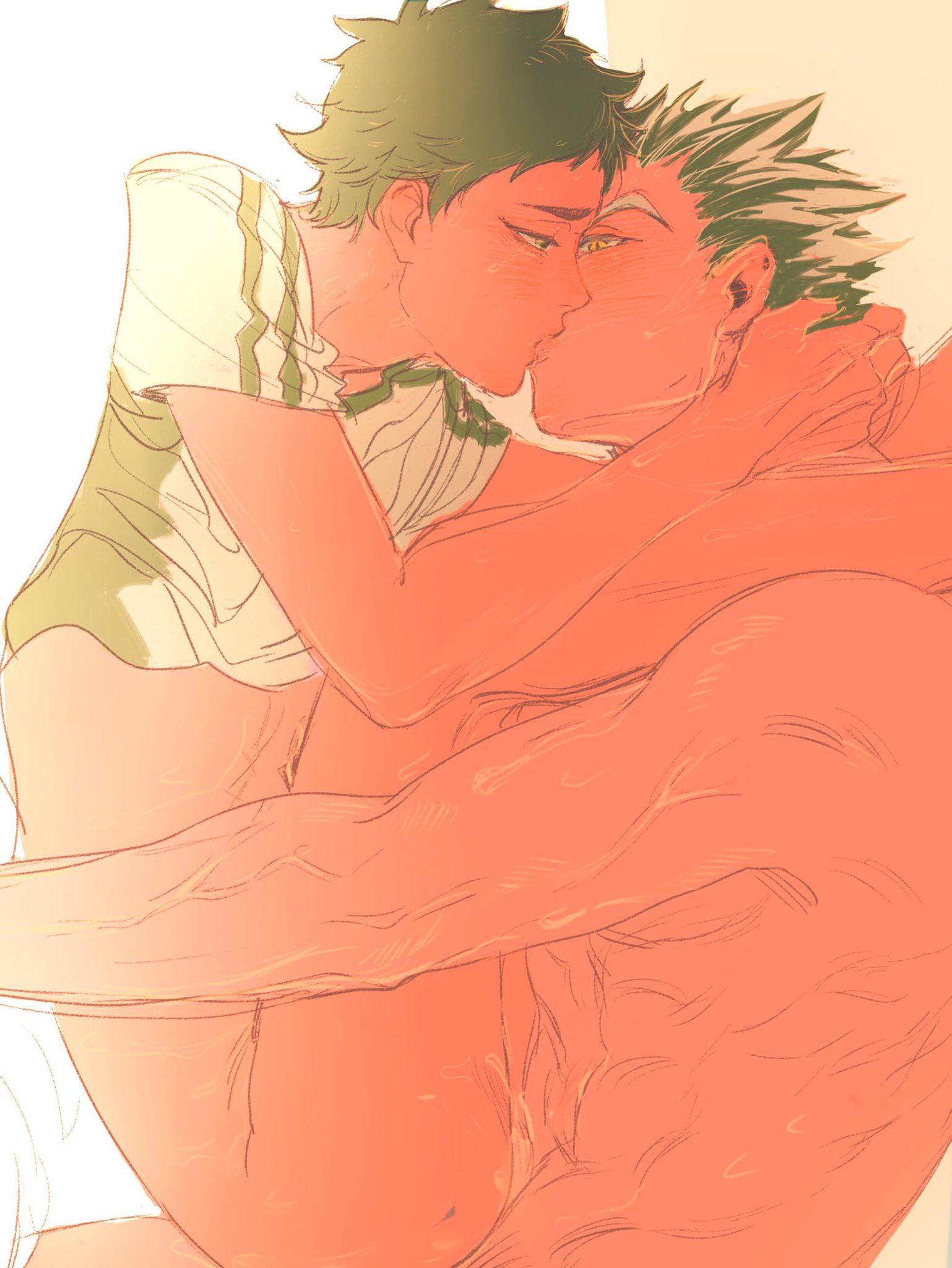 koukiki9, akaashi keiji, bokuto koutarou, haikyuu!!, highres, 2boys, anal, black hair, blush, bottomless, cum, cum in ass, cum overflow, french kiss, kiss, legs on another's shoulders, male focus, male penetrated, mating press, multicolored hair, multiple boys, nude, sex, shirt, short hair, sweat, thighs, toned, toned male, two-tone hair, veins, veiny arms, white hair, yaoi, yellow eyes