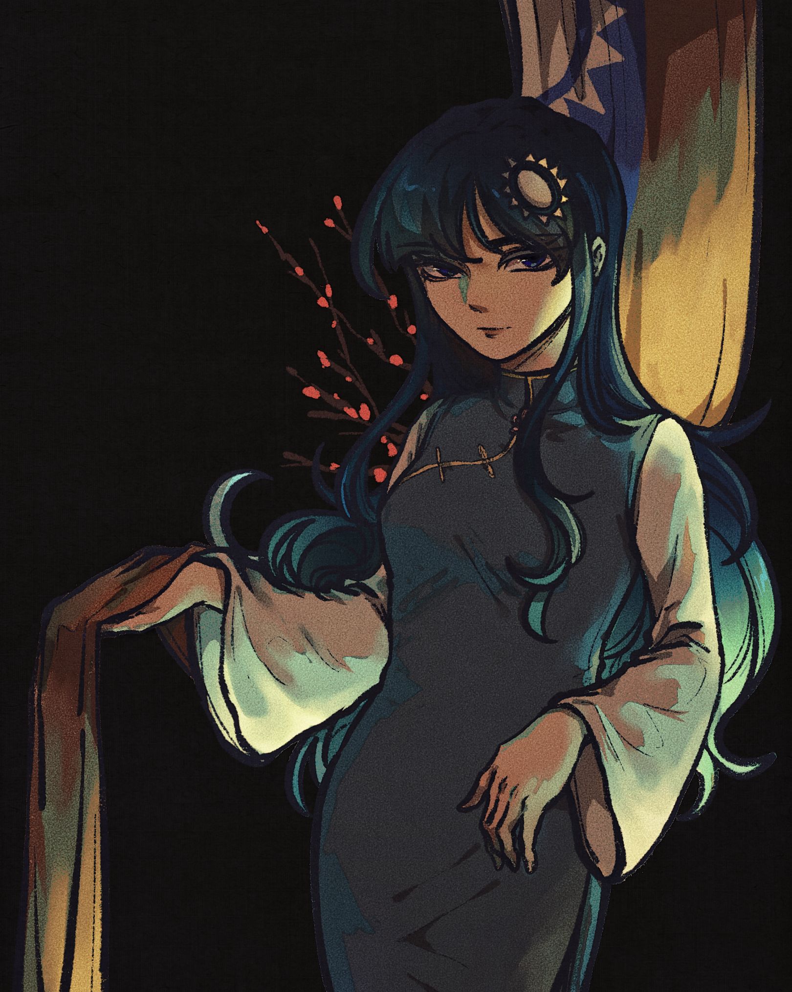 tkotu, highres, 1girl, black background, blue dress, blue eyes, blue hair, branch, breasts, china dress, chinese clothes, collared dress, dress, dress over shirt, flag, flower, holding, holding flag, kmt (tkotu), light smile, long hair, long sleeves, looking at viewer, partyhumans, republic of china flag, shirt, simple background, small breasts, solo, sun hair ornament, very long hair, white shirt, wide sleeves