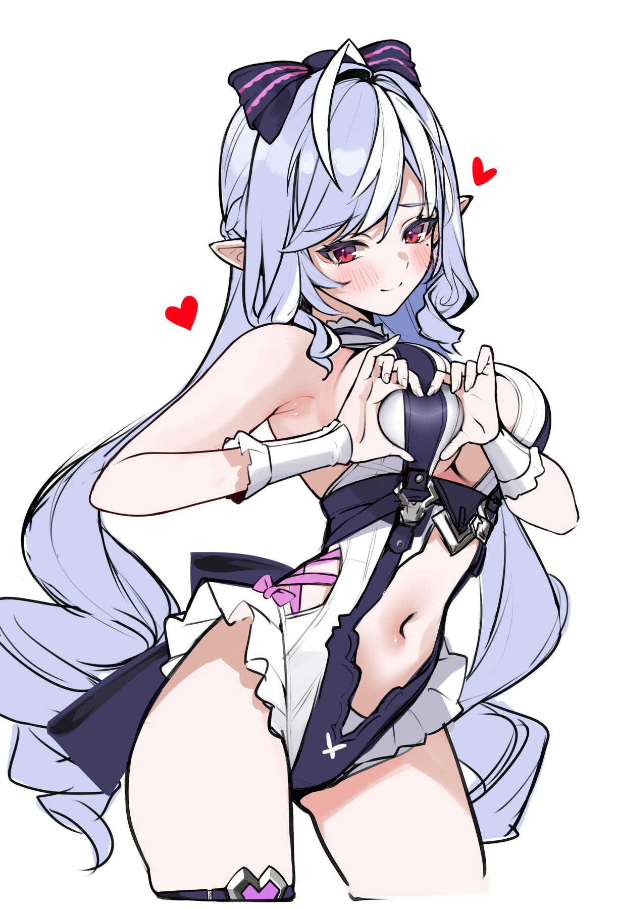 matrix16, vivian banshee, vivian banshee (iris of the shore), zenless zone zero, commentary, highres, 1girl, armpits, bare shoulders, black bow, blush, bow, breasts, closed mouth, clothing cutout, cowboy shot, drill hair, four-finger heart hands, hair bow, hands up, heart, heart hands, long hair, looking at viewer, medium breasts, navel, official alternate costume, pink bow, pointy ears, purple hair, red eyes, simple background, smile, solo, stomach, stomach cutout, swimsuit, thigh strap, very long hair, white background