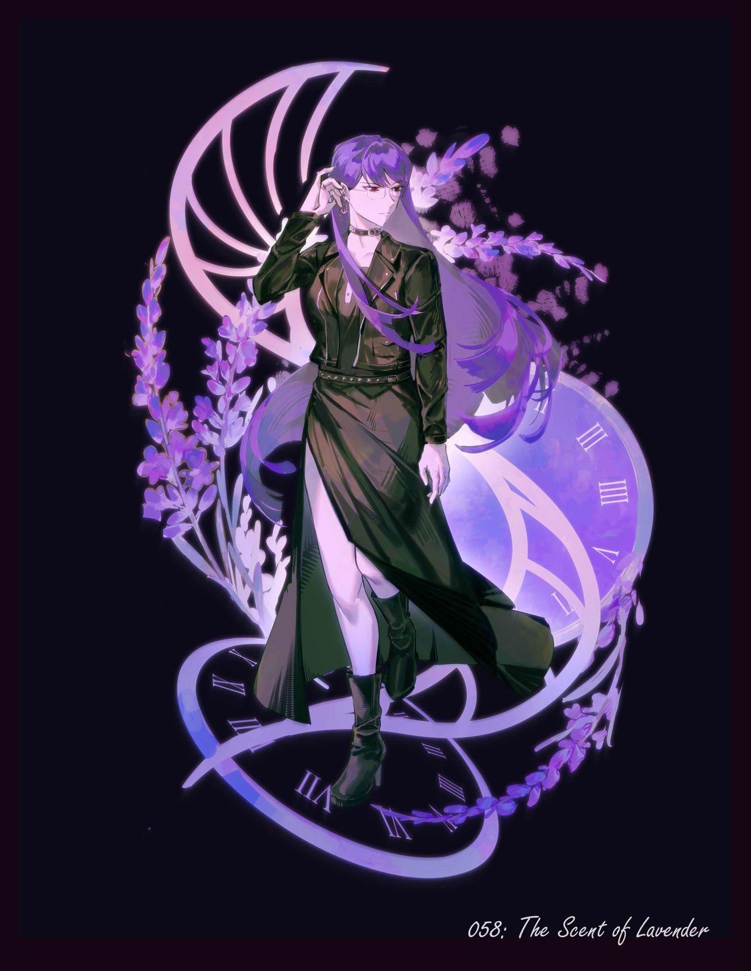 astruma2, shizuhara hiruko, the hundred line -last defense academy-, highres, 1girl, adjusting hair, black dress, black jacket, clock, dark background, dress, floral background, flower, glasses, jacket, lavender (flower), long hair, purple hair, red eyes, roman numeral, side slit, solo