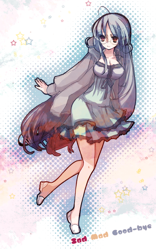 sanzenhatsuka, garnet (sumaga), sumaga, bad id, bad pixiv id, ahoge, blue hair, breasts, dress, glasses, large breasts, long hair, solo, star (symbol), sweater, very long hair