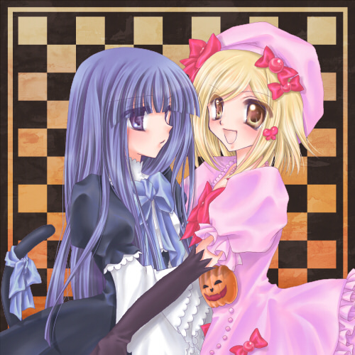 frederica bernkastel, lambdadelta, umineko no naku koro ni, lowres, 00s, 2girls, blonde hair, blue eyes, blue hair, board game, brown eyes, cat tail, chess, dress, gem, happy, hat, long hair, multiple girls, pearl (gemstone), pink dress, pink hat, ribbon, serious, short hair, smile, tail, very long hair
