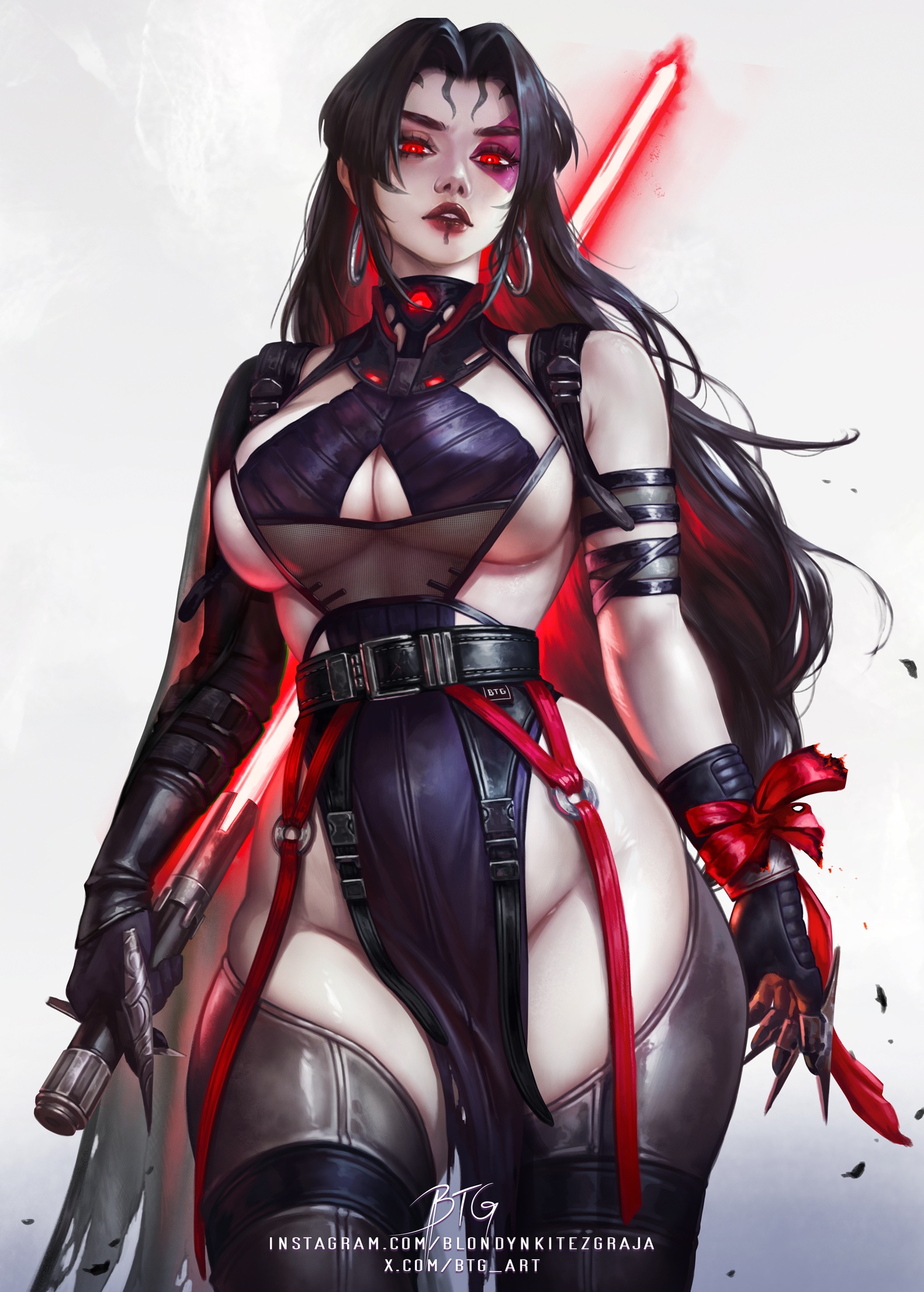 blondynkitezgraja, psylocke, psylocke (vengeance), marvel, star wars, x-men, highres, 1girl, adapted costume, alternate costume, black hair, breasts, detached sleeves, earrings, energy sword, gloves, holding, holding sword, holding weapon, hoop earrings, instagram username, jewelry, latex, lightsaber, long hair, parted lips, pelvic curtain, red eyes, red lightsaber, revealing clothes, single detached sleeve, solo, sword, thighhighs, thighs, twitter username, underboob, weapon