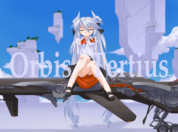 mof, mof's silver haired twintailed girl, original, silver hair, 1girl, bare legs, blue sky, closed eyes, comic, female focus, floating island, full body, long hair, long sleeves, mary janes, shoes, silent comic, sitting, sky, solo, text focus, twintails, very long hair