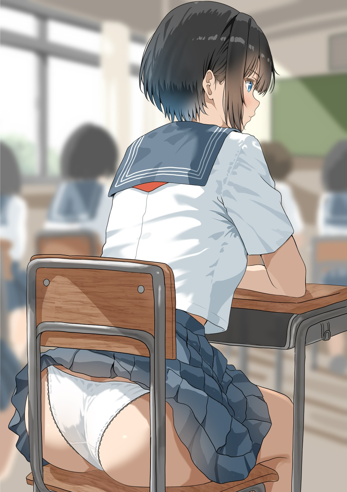 sunsun2812, original, commentary request, highres, 5girls, ass, black hair, blue eyes, blurry, blurry background, chair, classroom, clothes lift, desk, indoors, multiple girls, panties, school desk, school uniform, serafuku, shirt, short hair, sitting, skirt, skirt lift, solo focus, underwear, white panties, white shirt
