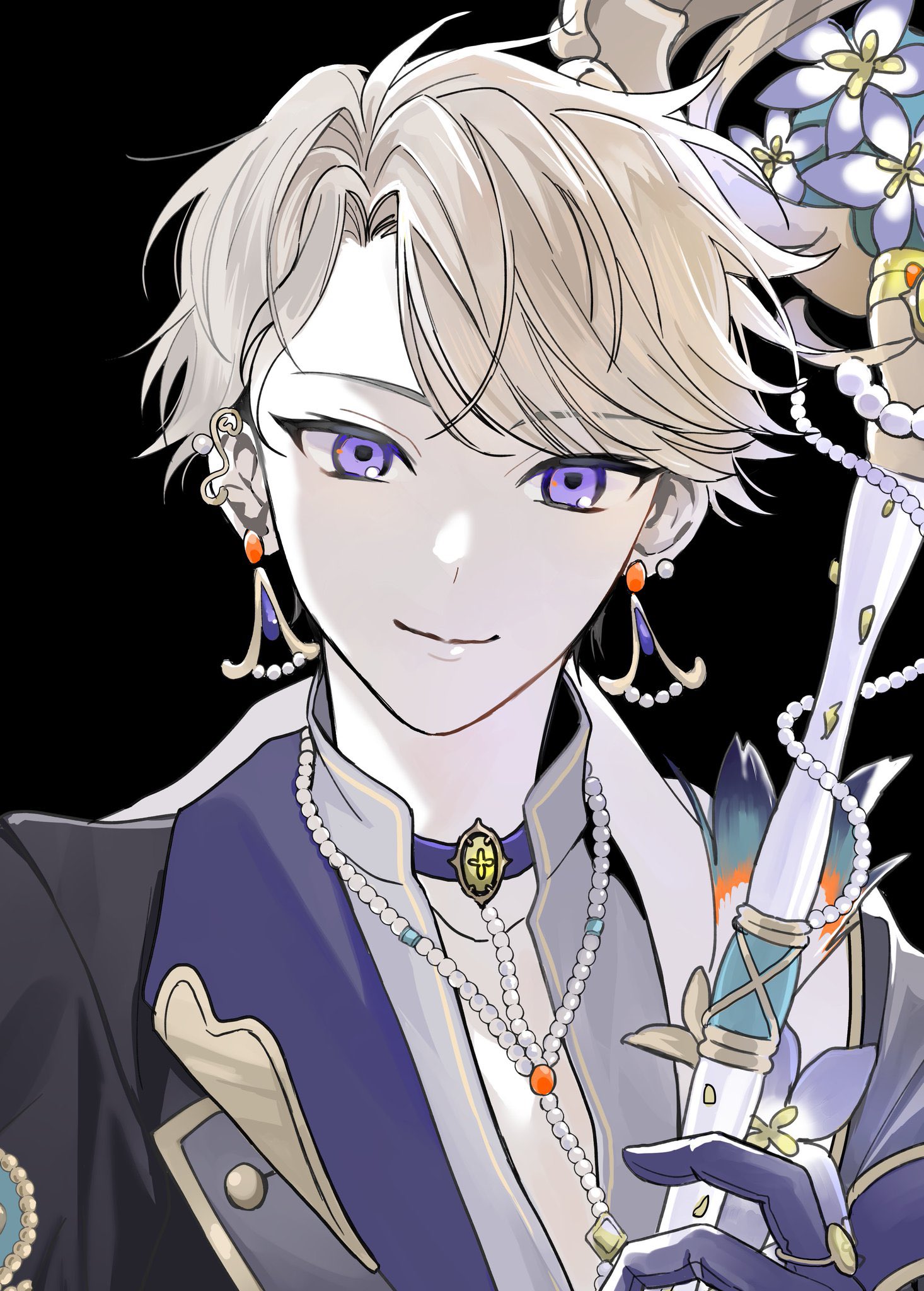 narukami arashi, ensemble stars!, commentary request, highres, 1boy, beads, black background, closed mouth, earrings, flower, gloves, jewelry, lapels, looking at viewer, male focus, official alternate costume, ori (0pera0u0), purple eyes, purple gloves, ring, short hair, simple background, smile, solo, upper body