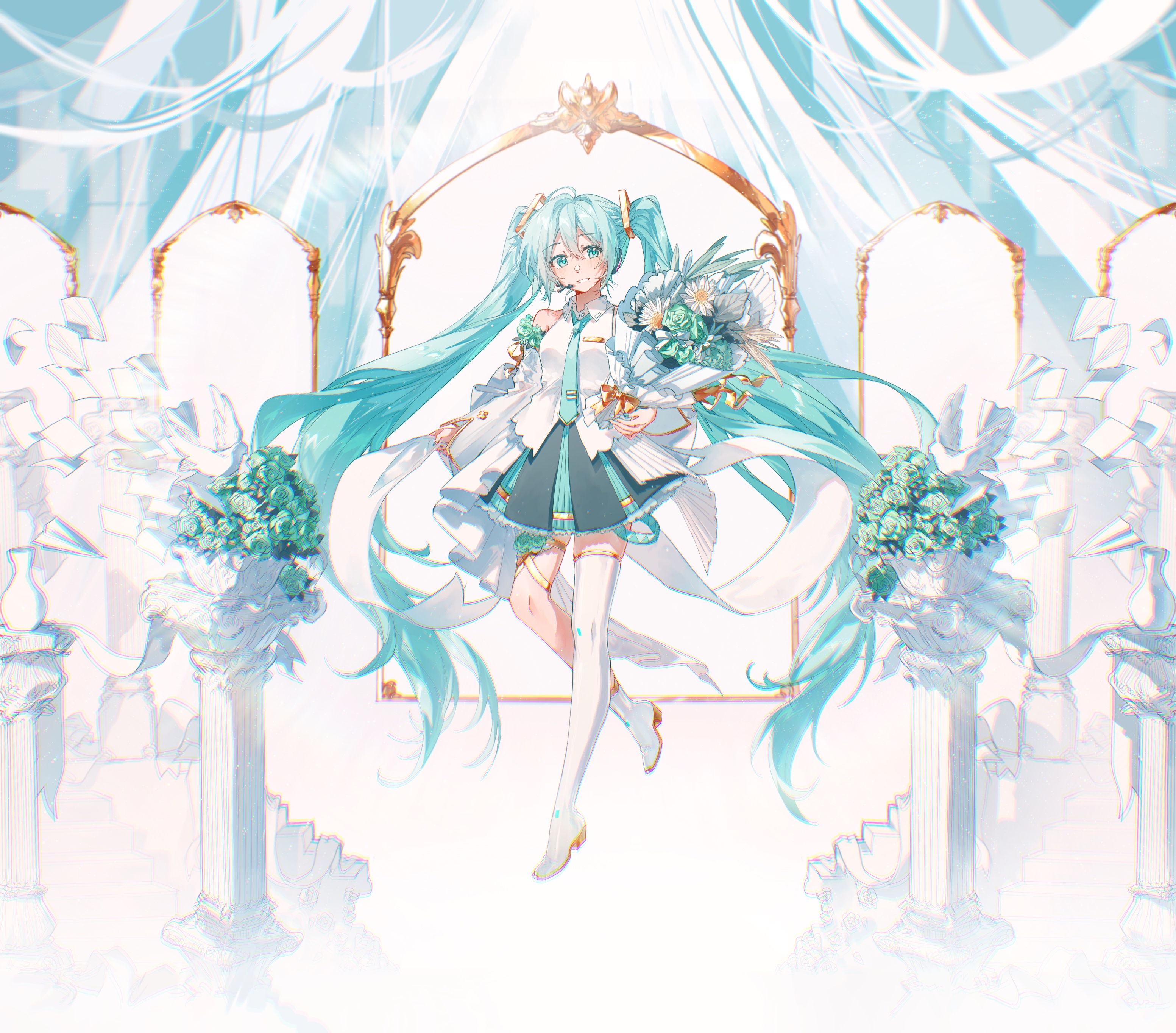 cai (user tyha8354), hatsune miku, vocaloid, absurdres, highres, 1girl, ahoge, aqua eyes, aqua hair, aqua necktie, aqua trim, asymmetrical legwear, blush, boots, bouquet, collared shirt, detached sleeves, flower, gold trim, hair between eyes, hair ornament, holding, holding bouquet, long hair, long sleeves, necktie, parted lips, shirt, sleeveless, sleeveless shirt, smile, solo, thigh boots, thighs, twintails, very long hair, white shirt