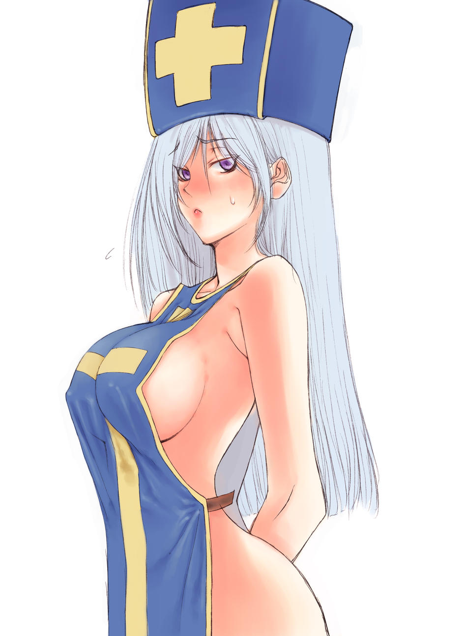 fuyube rion, priest (dq3), chunsoft, dragon quest, dragon quest iii, enix, highres, 1girl, :<, apron, blue hat, blue tabard, blush, breasts, cross, cross print, female focus, hat, large breasts, long hair, mitre, naked apron, naked tabard, purple eyes, revealing clothes, sideboob, solo, tabard
