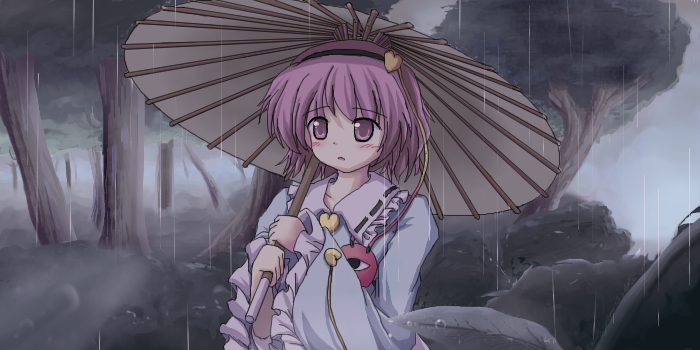 lzh, komeiji satori, touhou, artist request, 1girl, female focus, hairband, oil-paper umbrella, pink hair, rain, scenery, solo, tree, umbrella