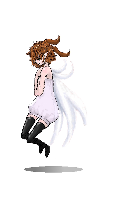 non-web source, 1girl, boots, brown hair, dress, fairy, female focus, green eyes, oekaki, simple background, solo, thighhighs, wings