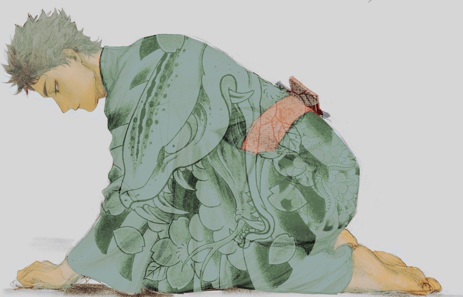 koukiki9, akaashi keiji, haikyuu!!, commentary request, highres, 1boy, barefoot, brown hair, closed mouth, feet, from side, full body, green eyes, japanese clothes, male focus, prostration, short hair, simple background, soles, solo, white background