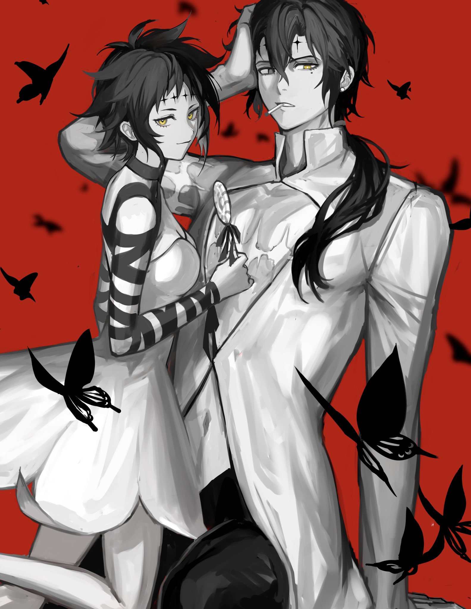 shachi ark, road kamelot, tyki mikk, d.gray-man, highres, 1boy, 1girl, arm ribbon, back ribbon, black butterfly, breasts, bug, butterfly, candy, cigarette, cleavage, collared shirt, dress, earrings, evil smile, facial mark, food, forehead mark, greyscale, hair between eyes, hair over shoulder, hand on own head, holding, holding candy, holding food, holding lollipop, insect, jewelry, legs, limited palette, lollipop, long hair, looking at viewer, low ponytail, mature male, messy hair, midriff, midriff peek, mole, mole under eye, monochrome, neck ribbon, noah (d.gray-man), pants, parted lips, pectoral cleavage, pectorals, ponytail, red background, ribbon, scar, scar on arm, scar on chest, shirt, short dress, short hair, sidelocks, single sleeve, sleeveless, sleeveless dress, small breasts, smile, strapless, strapless dress, stud earrings, teez (d.gray-man), thighs, unlit cigarette in mouth, yellow eyes