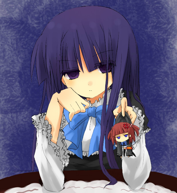 frederica bernkastel, ushiromiya ange, umineko no naku koro ni, 00s, angry, blue eyes, blue hair, blunt bangs, chibi, dress, hair bobbles, hair ornament, long hair, red hair, short hair, very long hair