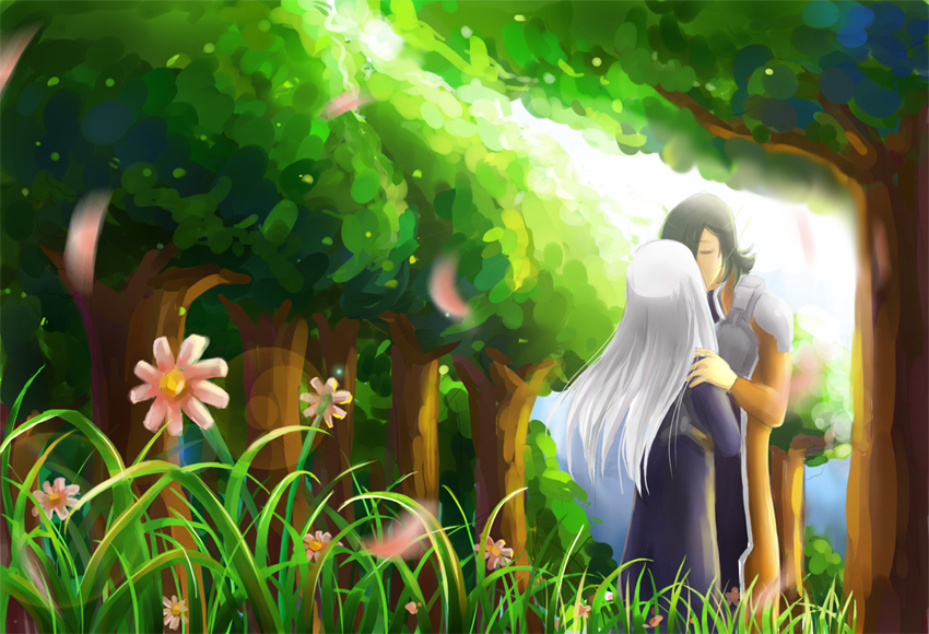 w rong, allelujah haptism, soma peries, gundam, gundam 00, silver hair, 00s, 1boy, 1girl, brown hair, couple, day, flower, forest, hetero, holding, kiss, long hair, nature, outdoors, plant, sunlight, tree, very long hair