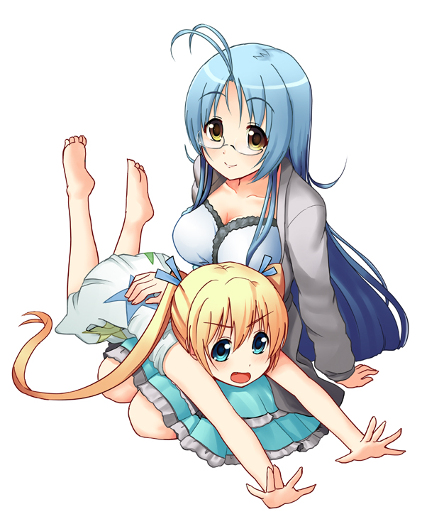 kakifly, garnet (sumaga), mira (sumaga), sumaga, bad id, bad pixiv id, 2girls, age difference, ahoge, barefoot, blonde hair, blue eyes, blue hair, breasts, child, dress, feet, glasses, large breasts, long hair, multiple girls, sweater, twintails, very long hair, yellow eyes