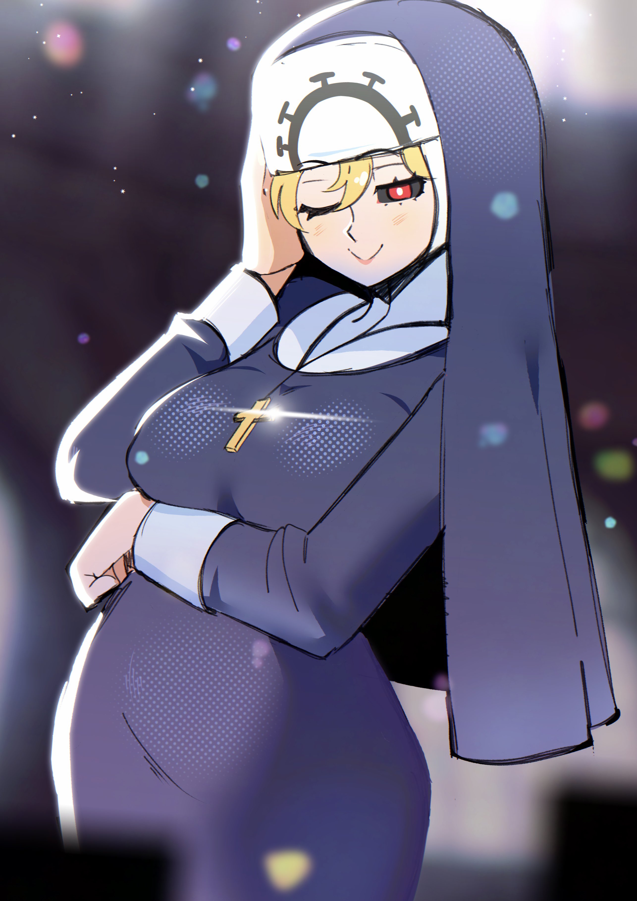 gjh, double (skullgirls), skullgirls, bad id, bad twitter id, arm under breasts, black sclera, blonde hair, blush, colored sclera, cowboy shot, cross, cross necklace, hand on own cheek, hand on own face, jewelry, looking at viewer, necklace, nun, one eye closed, red eyes, smile