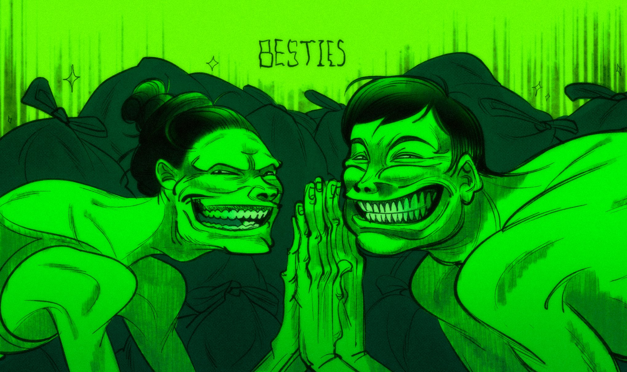 devillefort, highres, 1boy, 1girl, black hair, cat lady (no i'm not a human), english text, evil grin, evil smile, green theme, grin, high five, intruder (no i'm not a human), looking at viewer, no i'm not a human, short hair, smile, sparkle, tank top, teeth, topless male, trash bag