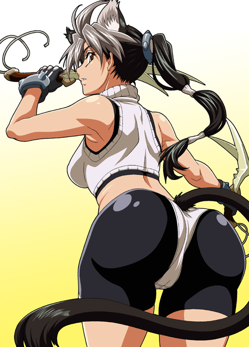 isse, original, animal ears, ass, back, bike shorts, black hair, brown eyes, cat ears, cat tail, colored bangs, long hair, looking back, midriff, multicolored hair, ponytail, sleeveless, solo, sports bra, sword, tail, turtleneck, two-tone hair, weapon