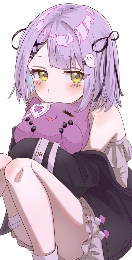 melomelo2468, shinomiya runa, shinomiya runa (1st costume), vspo!, commentary request, 1girl, black jacket, black ribbon, blush, closed mouth, ghost hair ornament, hair ornament, hair ribbon, hair tie, jacket, looking at viewer, off shoulder, purple hair, ribbon, shirt, sitting, solo, stuffed animal, stuffed toy, virtual youtuber, white background, x hair ornament, yellow eyes