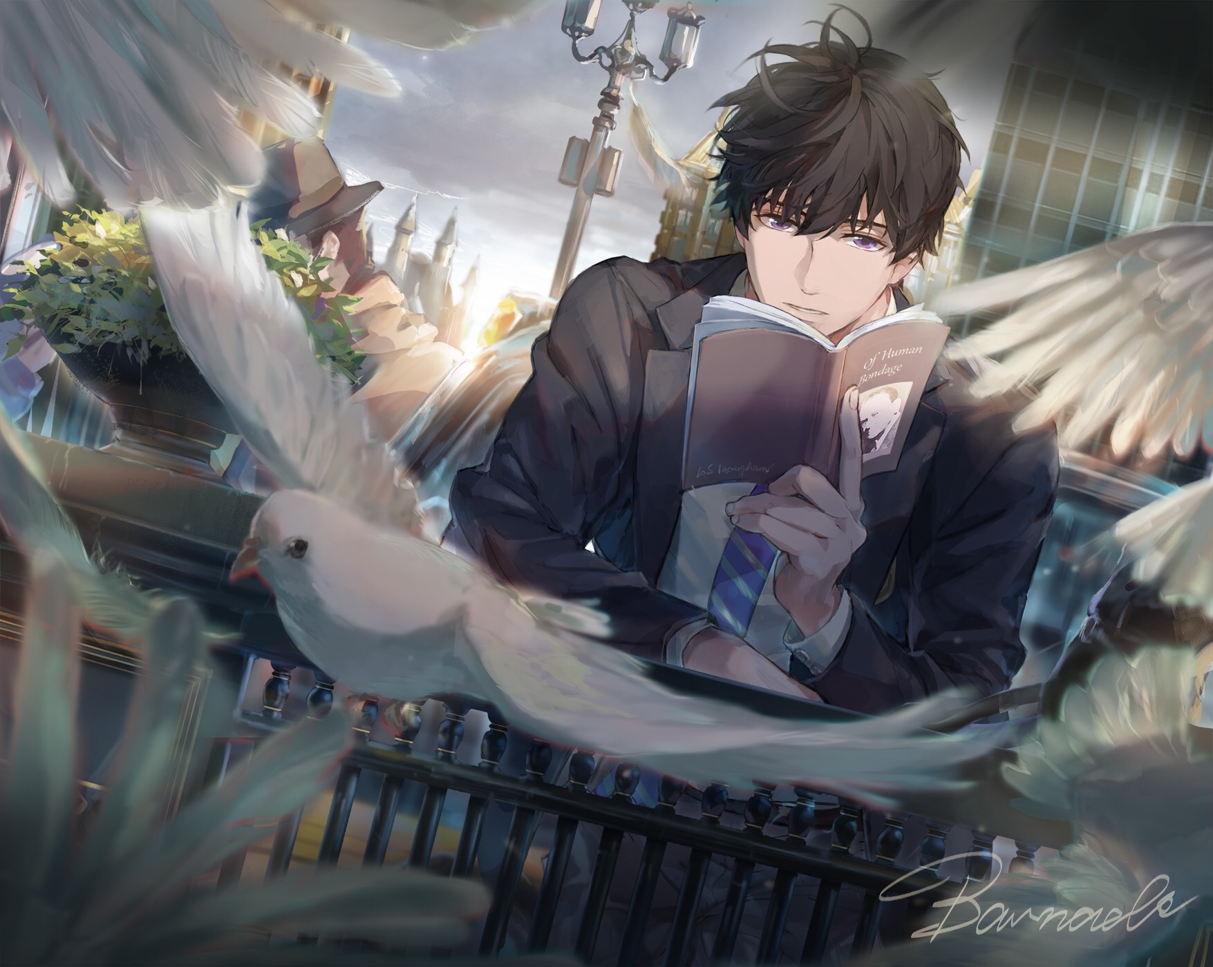 bosi tenghu, xu mo, love and producer, commentary, english commentary, highres, 1boy, against railing, artist name, bench, black hair, black jacket, blue necktie, blurry, book, building, closed mouth, cloud, collared shirt, depth of field, diagonal-striped clothes, diagonal-striped necktie, dutch angle, hair between eyes, hand up, holding, holding book, jacket, lamppost, long sleeves, looking at viewer, male focus, necktie, open book, open clothes, open jacket, outdoors, parted lips, people, plant, potted plant, purple eyes, railing, shirt, short hair, solo, straight-on, striped clothes, suit jacket, sunset, upper body, white shirt